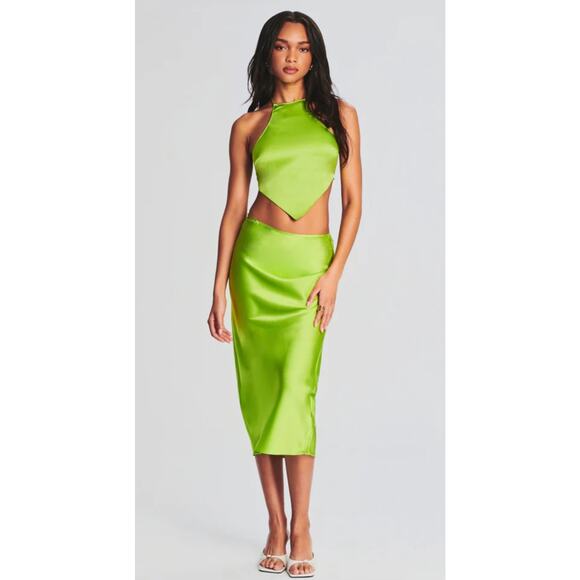 NEW Ser.O.Ya by Retrofete Penina Satin Midi Slip Skirt in Chartreuse - Picture 4 of 16
